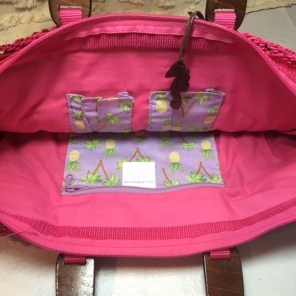Liz Claiborne Pink Corn Husk Weave Wooden Handle Handbag Tote Large - Picture 3 of 12